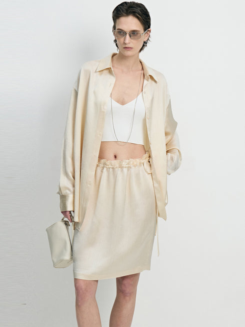 Wrinkle-Resistant Crinkled Acetate Shirt & Drawstring Skirt Set