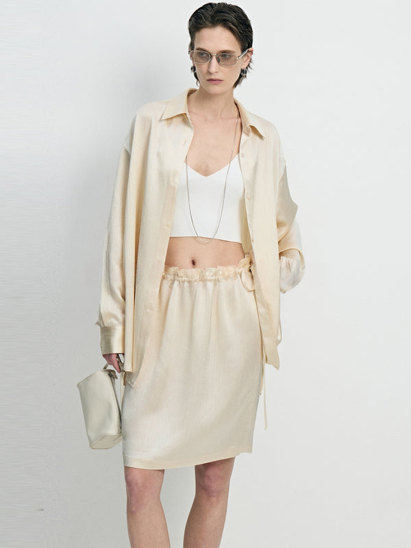 Wrinkle-Resistant Crinkled Acetate Shirt & Drawstring Skirt Set