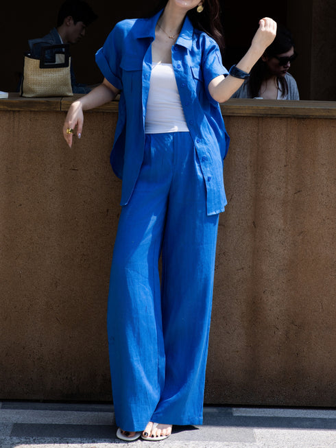 100% Linen Utility Shirt & Wide-Leg Pants Set – Minimalist Summer Tailored Two-Piece
