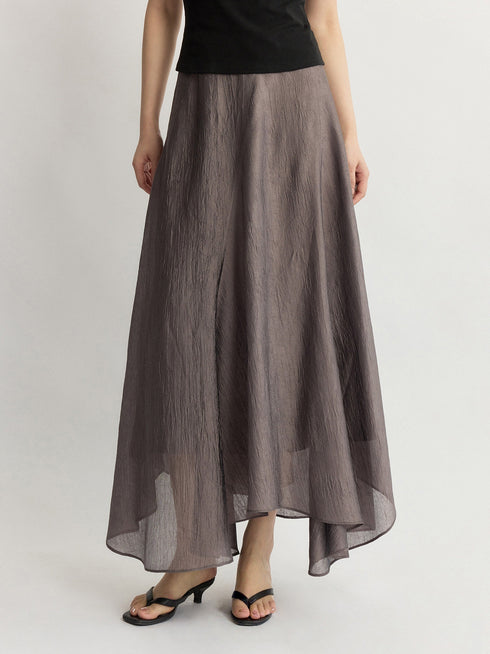 Crinkled Acetate Asymmetric Maxi Skirt – Fluid Draped High-Waist Statement Skirt