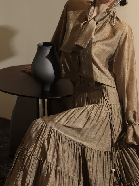 Elegant Tie-Neck Petal Sleeve Blouse & Flowing A-Line Maxi Skirt Set – Luxury Acetate Two‑Piece Ensemble