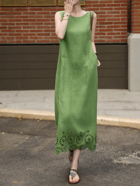 100% Linen Sleeveless Midi Dress – Vintage Cutout Hem Summer Waist-Defined Dress
