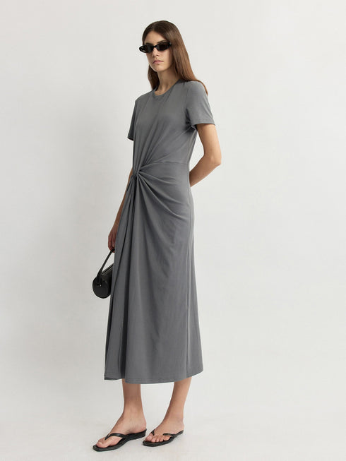 Custom-Combed Cotton 10A Antibacterial Deconstructed Waist-Tie Midi T-Shirt Dress