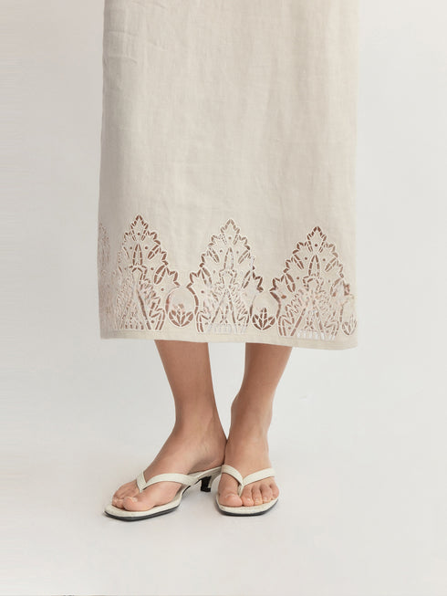 French-Imported Dew-Ramie Cutwork Embroidered Linen Midi Dress