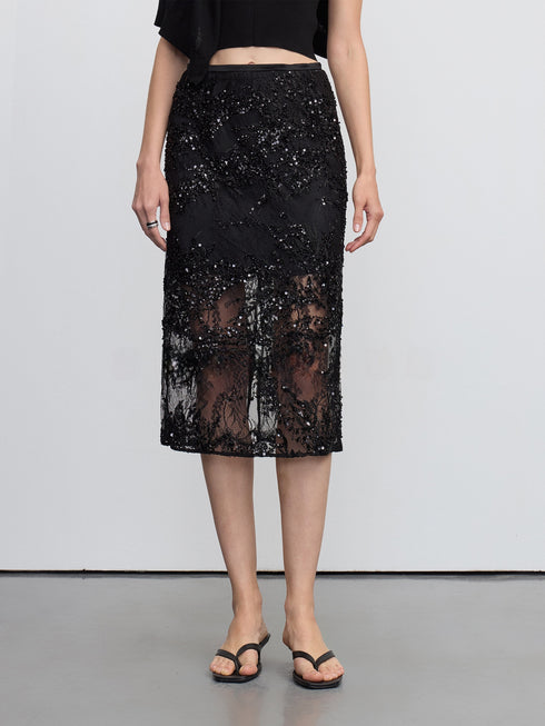 Black Sequin Lace Overlay Midi Skirt – Detachable Double-Layer Evening Statement Skirt