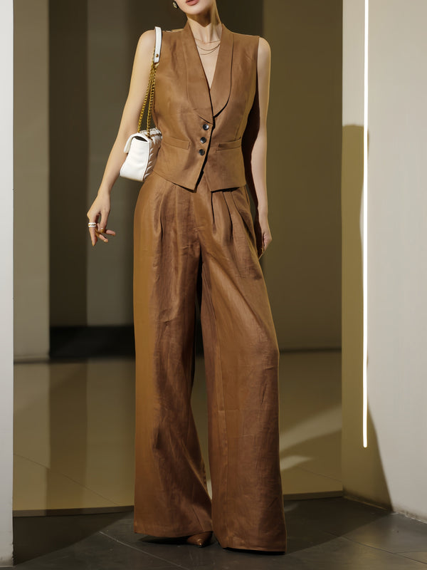 Vintage Linen Tailored Vest & Wide‑Leg Pants Set – Back Print Designer Two‑Piece Suit