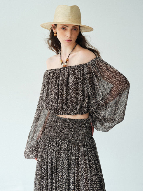 Vintage Off-Shoulder Lantern Sleeve Chiffon Top & Tiered Maxi Skirt Set – Bohemian Vacation Beaded Halter Detail