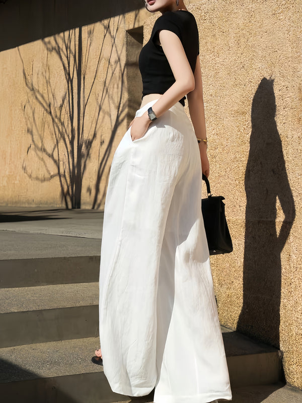 High-Waisted Linen Wide-Leg Trousers – Elegant White Relaxed Tailored Summer Pants