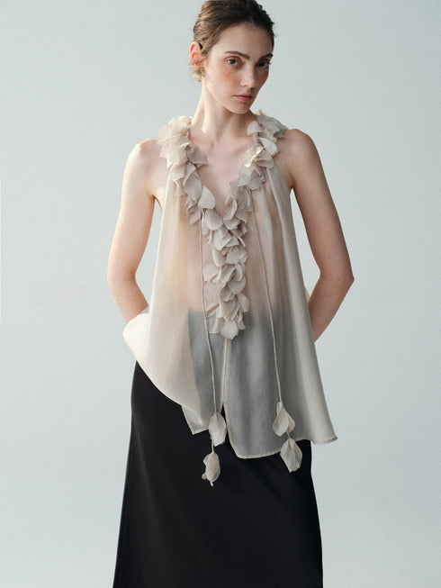 Luxury Cupro-Blend Ruffle V-Neck Draped Sleeveless Camisole Top