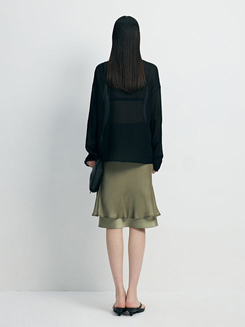 Japanese Washable Double-Satin Mermaid Midi Skirt - Ultra-Fine High-Twist Layered Slip Skirt