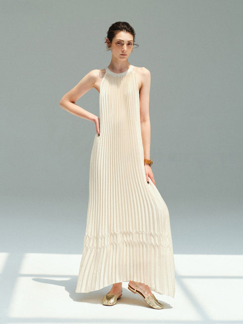 Couture Pleated Halter Neck Maxi Dress – Sleeveless Resort Vacation Dress