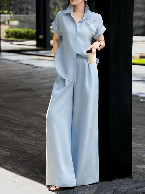 Luxury Linen Two-Piece Set – 3D Floral Appliqué Shirt & Wide-Leg Pants Resort Ensemble
