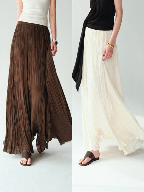 Soft-Lustre Island Silk Pleated Maxi Skirt – Irregular A-Line Resort Skirt in White
