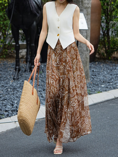 French Vintage Argyle Print Chiffon A-Line Maxi Skirt – Elegant Flowing High-Waist Skirt