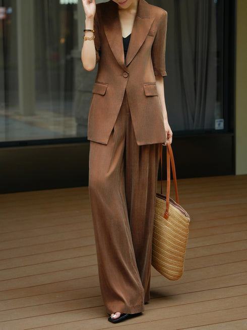 Luxury Cupro Blend Tailored Blazer & Wide-Leg Pants Set – Fluid Draped Office Suit