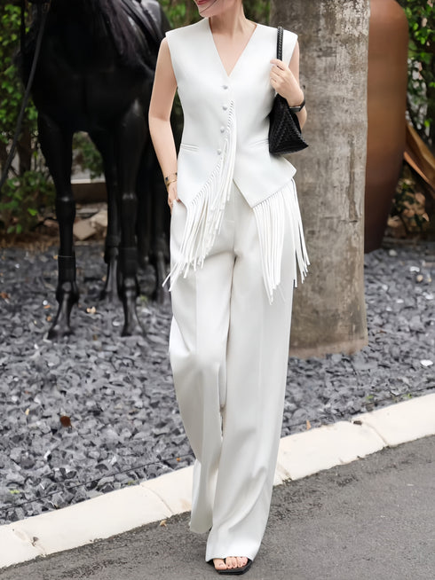 White Sculpted Fringe Vest & Wide-Leg Trousers Set – Minimalist Tailored Summer Two‑Piece
