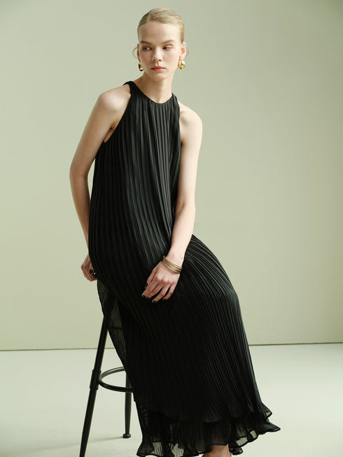 Pleated Halter Maxi Dress – Sculptural Accordion Pleats Double-Layer Ruffle Hem Summer Dress