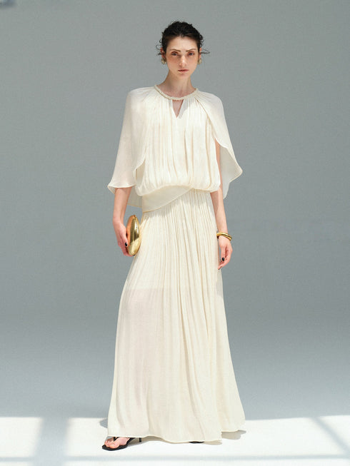 Pearlescent Island Silk Asymmetric Waist Bias-Cut Maxi Skirt – Fluid Pleated A-Line Silhouette