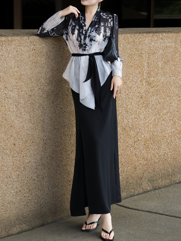 Black & White Abstract Print Wrap Tie Maxi Dress – Elegant Long Sleeve Office & Occasion Dress