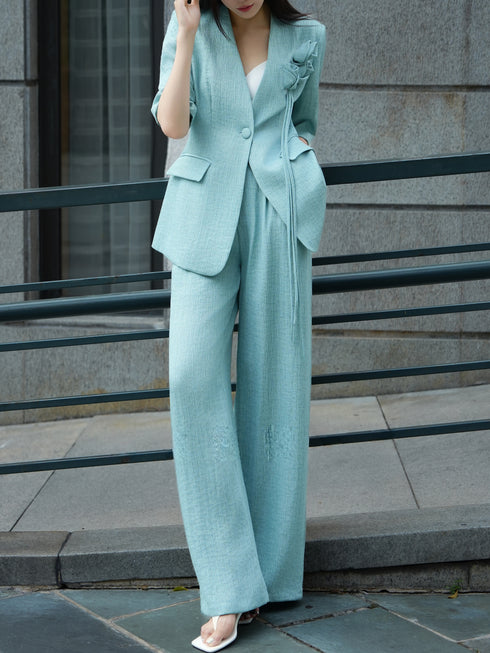 Textured Linen‑Tencel Floral Blazer & Wide‑Leg Pants Suit – Quiet Luxury Tailored Two‑Piece Set