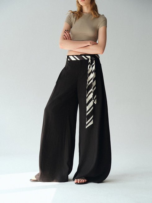 Urban Intellect Linen-Blend Double-Pleated Wide-Leg Trousers with Striped Silk Scarf
