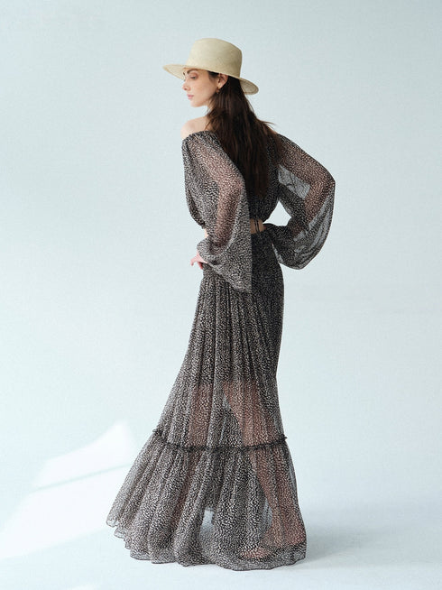 Vintage Off-Shoulder Lantern Sleeve Chiffon Top & Tiered Maxi Skirt Set – Bohemian Vacation Beaded Halter Detail