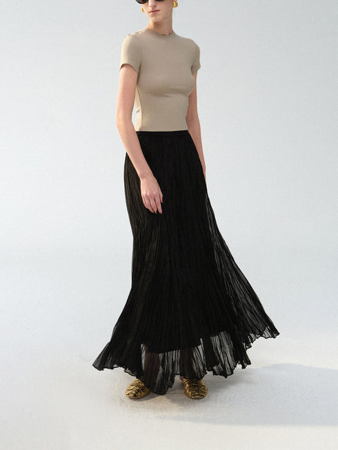 Luminous Irregular Pleated A-Line Maxi Skirt – Handcrafted Crinkle Texture Flowing Skirt