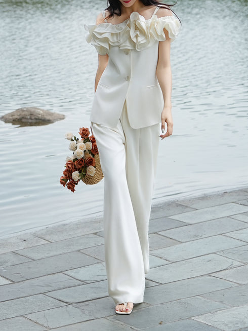 Off-Shoulder Ruffle Tencel Wool Top & Wide-Leg Pants Set – Sculpted Camisole Suit