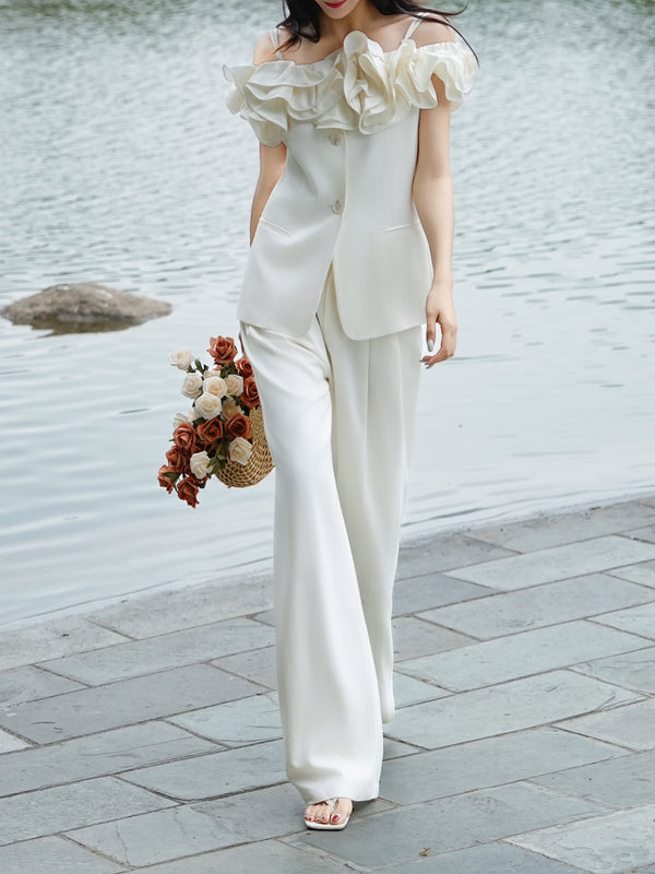 Off-Shoulder Ruffle Tencel Wool Top & Wide-Leg Pants Set – Sculpted Camisole Suit