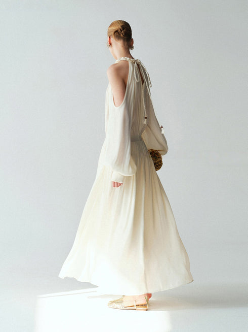 Luminous Muse Glossy Island Silk Halter Neck Cutout-Shoulder Pleated Maxi Dress
