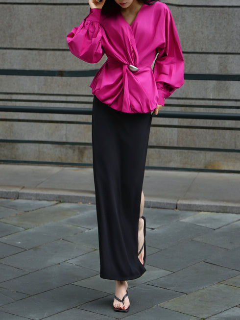 French Batwing Sleeve Cinched-Waist Blouse – Elegant V-Neck Draped Feminine Top