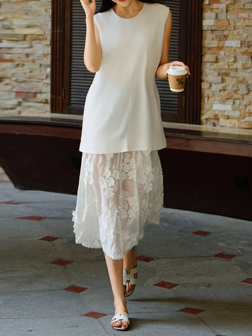 Minimalist Linen & Floral Lace Patchwork Midi Dress – Elegant Sleeveless Summer Dress