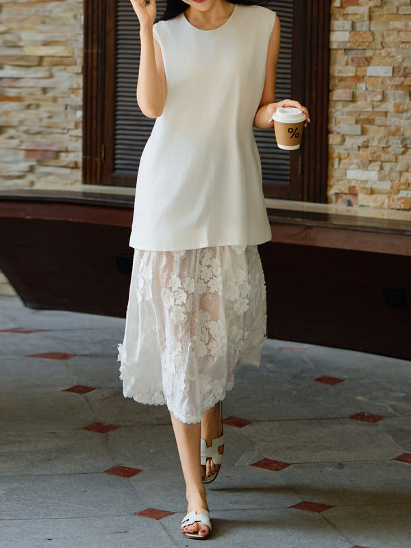 Minimalist Linen & Floral Lace Patchwork Midi Dress – Elegant Sleeveless Summer Dress