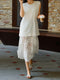 Minimalist Linen & Floral Lace Patchwork Midi Dress – Elegant Sleeveless Summer Dress