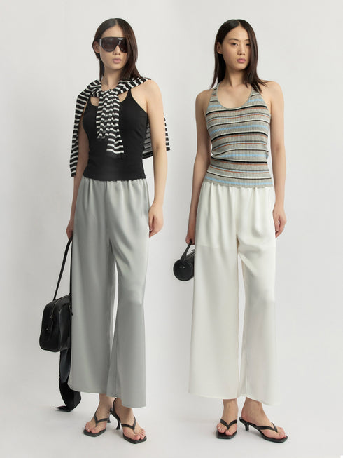 Japanese Triacetate Luminous Double-Satin Wide-Leg Pants - Elastic Waist Airy Draped Trousers