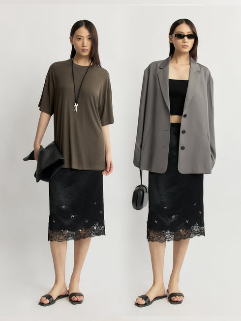 Cool-Touch Crinkled Acetate Beaded Lace Straight Midi Skirt