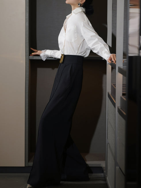 French Lace-Trim Polo Collar White Shirt – Elegant Long Sleeve Spring Blouse
