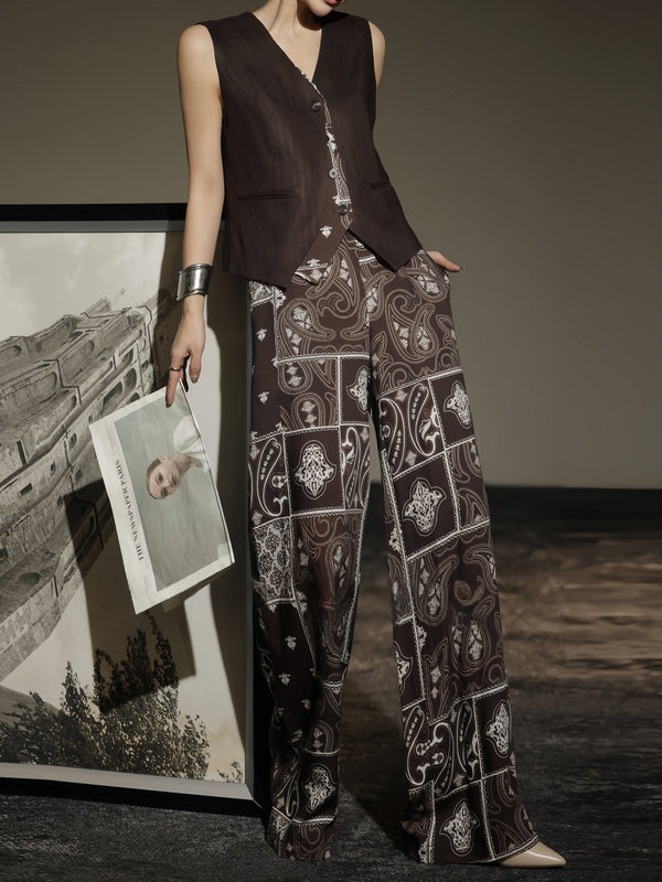 Vintage Paisley Print Wide-Leg Pants & Tailored Vest Set – Elegant Workwear Two-Piece Suit