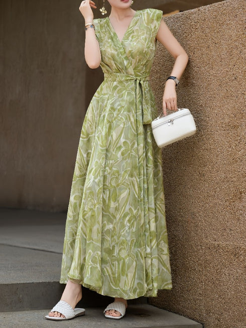 French Floral Wrap Maxi Dress – Elegant Summer Vacation Waist-Cinching Tea Dress