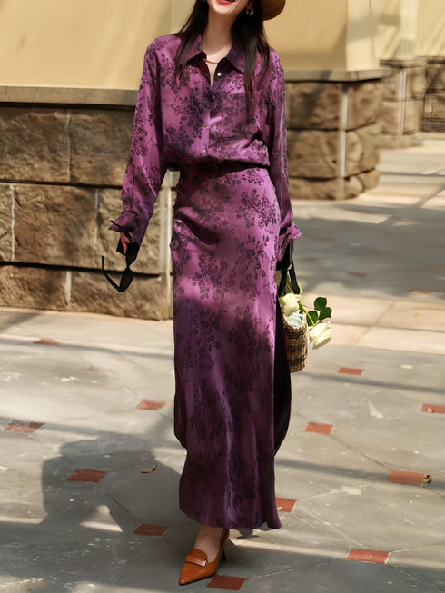 Vintage Jacquard Cupro Shirt & High-Waist Slit Skirt Set – Elegant Long Sleeve Blouse Two‑Piece