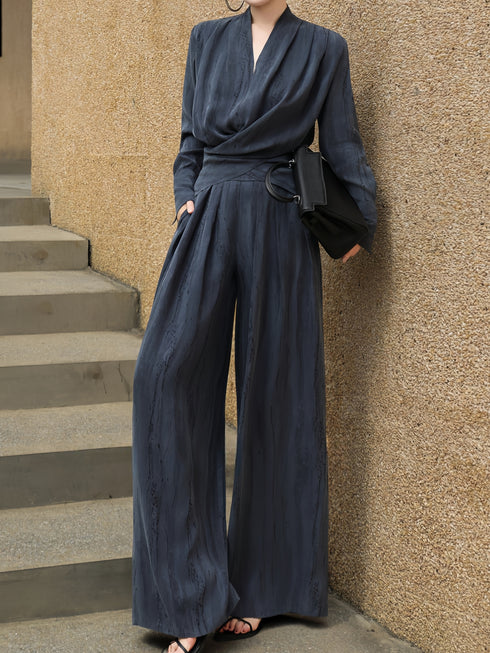 Textured Wrap V-Neck Blouse & Wide-Leg Pants Set – Sculpted Waist Elegant Two‑Piece