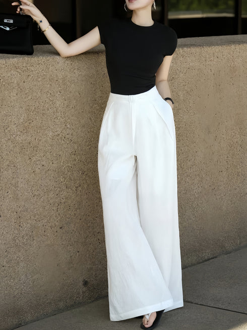 High-Waisted Linen Wide-Leg Trousers – Elegant White Relaxed Tailored Summer Pants
