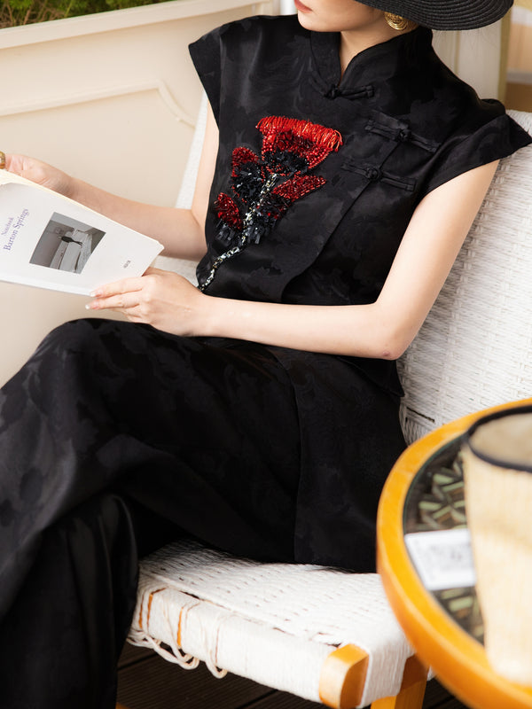 Luxury Beaded Jacquard Mandarin-Collar Vest & Wide-Leg Pants Set – Vintage Inspired Two-Piece Suit