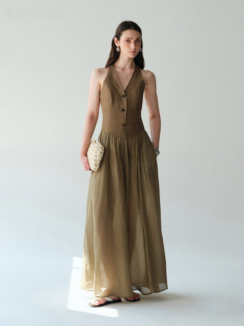 Pure Linen Slub-Texture Halter Waistcoat Maxi Dress – Old Money Summer Statement Dress