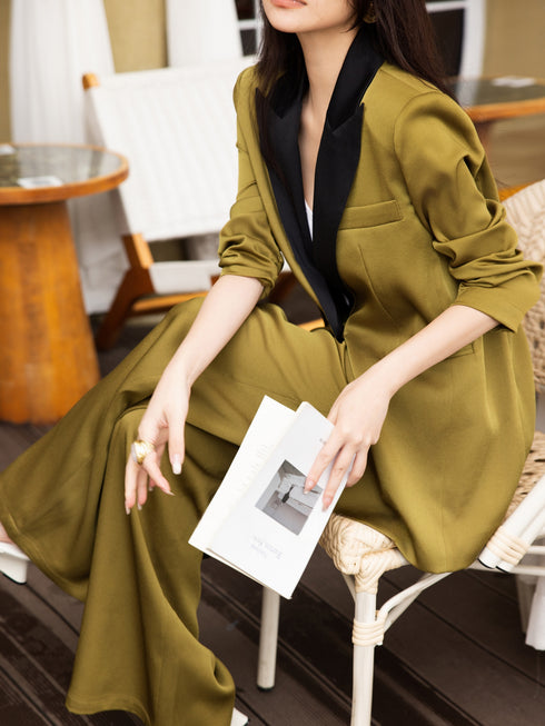 Acetate Contrast-Lapel Tailored Blazer & Wide-Leg Trousers Suit – Modern Office Elegance Set