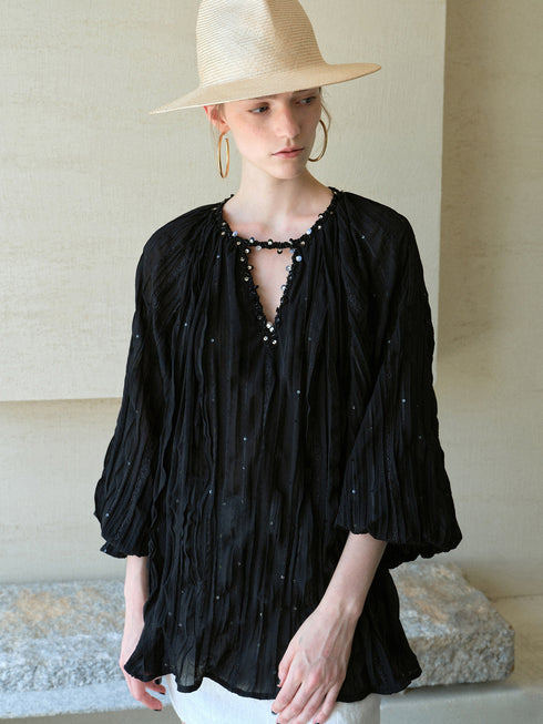 Sequin-Embellished French Pleated Chiffon Blouse – Ethereal Bohemian Sheer Goddess Top