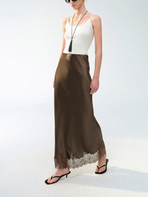 Acetate Satin Bias-Cut Lace Hem Midi Skirt – Luxury Fluid Draped Slip Skirt