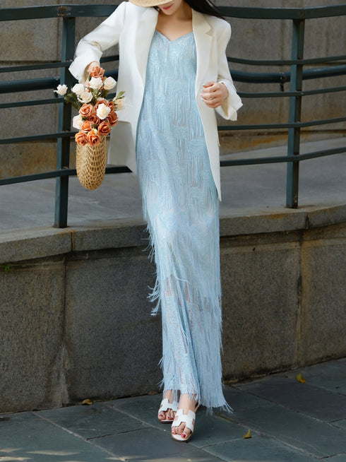 Light Blue French Fringe V‑Neck Slip Maxi Dress – Elegant Tassel Textured Camisole Dress