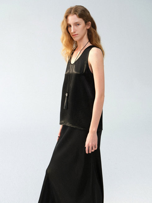 Acetate Satin U-Neck Tank & Lace-Trim Bias-Cut Maxi Skirt Set – Minimalist Luxury Slip Ensemble