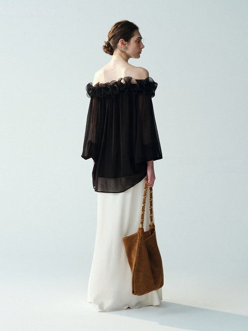 Cupro-Blend 3D Floral Off-Shoulder Blouse – Sheer Lantern Sleeve Couture Top